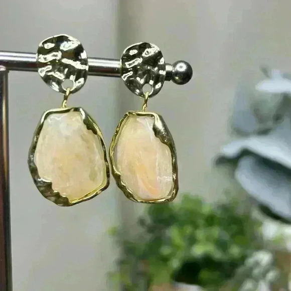 Pair of Stainless Steel Gold Plated Beige Resin Geometric Crystal Drop Earrings - Picture 2 of 2